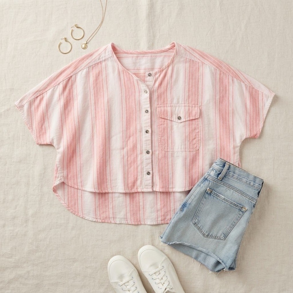 Lizwear Striped Shirt Womens Large Pink Orange Cotton Boxy Crop Coastal Grandma